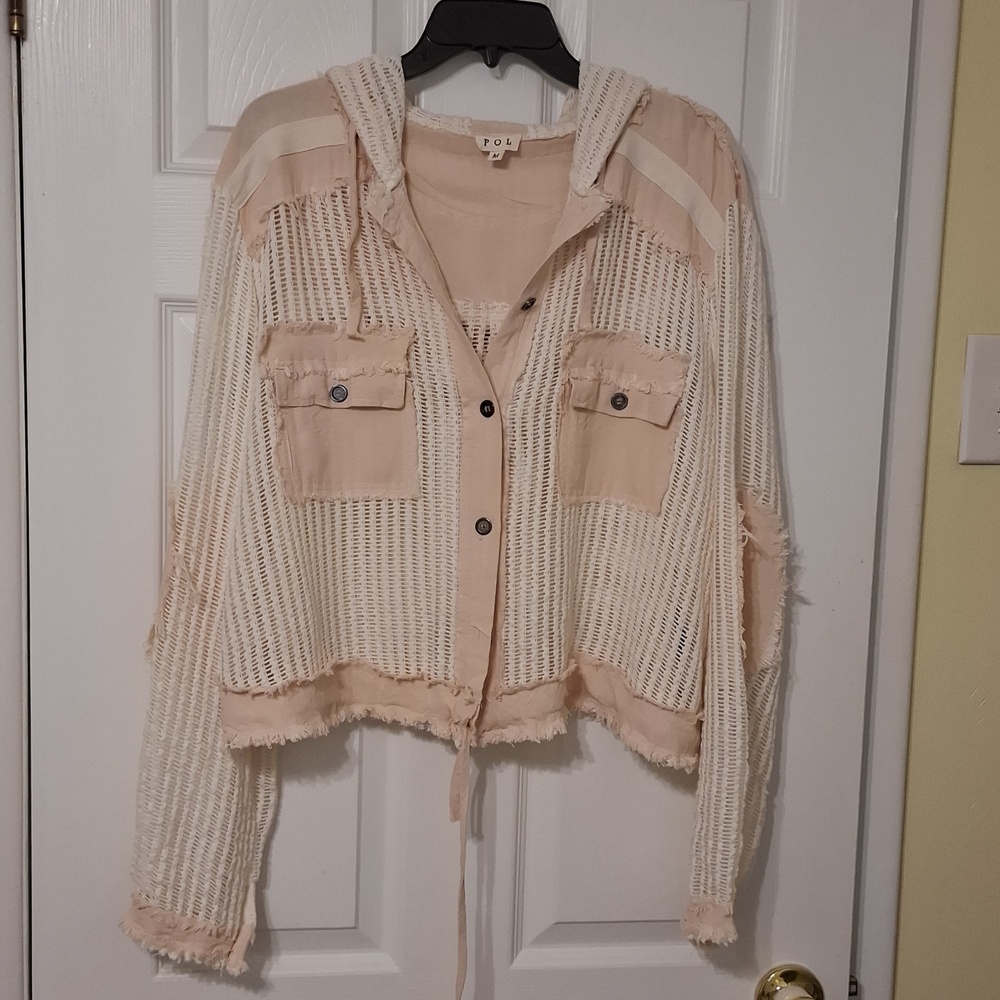 POL sz M, Open weave cardigan with distressed details, in cream & blush.
